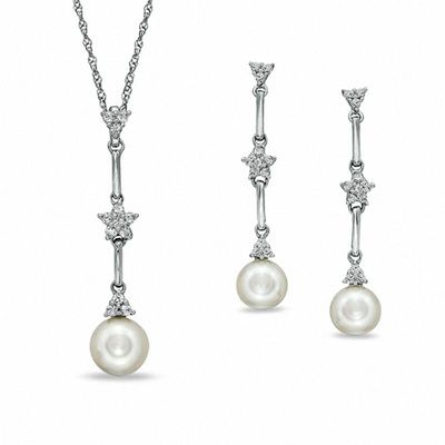 6.5-8.0mm Freshwater Cultured Pearl and Lab-Created White Sapphire Pendant and Earrings Set in Sterling Silver|Peoples Jewellers