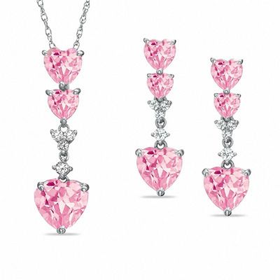 Heart-Shaped Lab-Created Pink and White Sapphire Pendant and Earrings Set in Sterling Silver|Peoples Jewellers