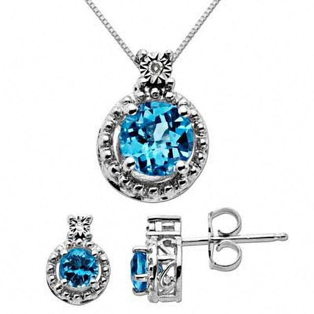 Blue Topaz and Diamond Accent Frame Pendant and Earring Set in Sterling Silver|Peoples Jewellers
