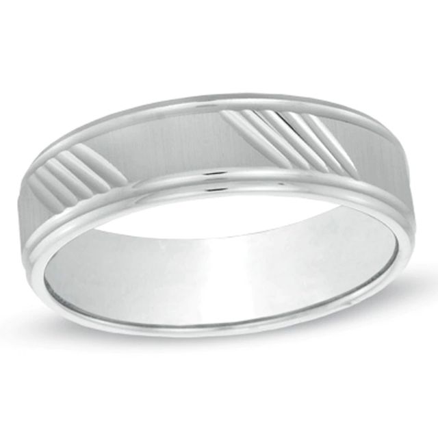 Men's 6.0mm Diagonal Lines Wedding Band in 10K White Gold - Size 10|Peoples Jewellers