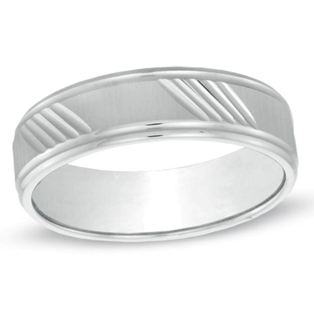 Men's 6.0mm Diagonal Lines Wedding Band in 10K White Gold - Size 10