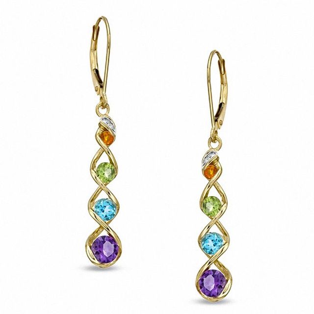 Multi-Gemstone and Diamond Accent Ribbon Drop Earrings in 10K Gold|Peoples Jewellers
