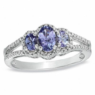 Oval Tanzanite and Diamond Accent Three Stone Ring in Sterling Silver|Peoples Jewellers