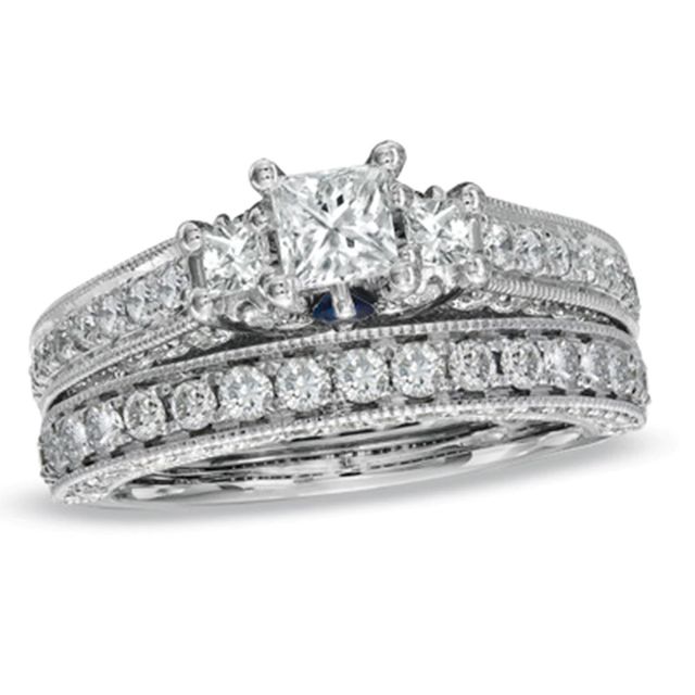 Vera Wang Love Collection CT. T.W. Princess-Cut Diamond Three Stone Bridal Set in 14K White Gold|Peoples Jewellers