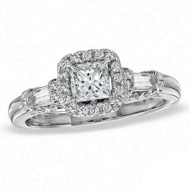 Vera Wang Love Collection 1.05 CT. T.W. Princess-Cut and Baguette Diamond Frame Engagement Ring in 14K White Gold|Peoples Jewellers