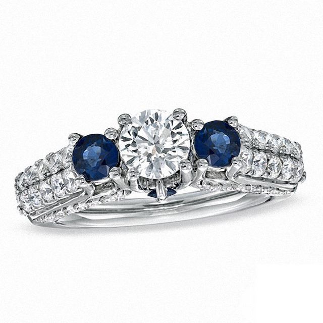 Vera Wang Love Collection 1.30 CT. T.W. Diamond and Sapphire Three Stone Engagement Ring in 14K White Gold|Peoples Jewellers