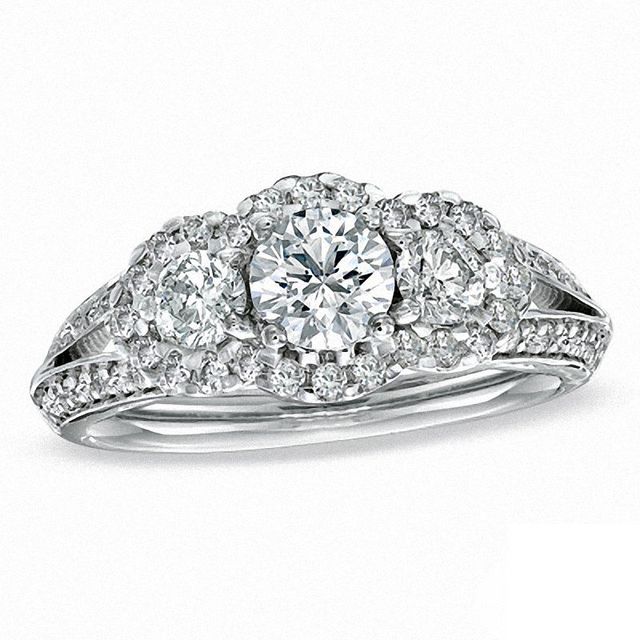 Vera Wang Love Collection 1.20 CT. T.W. Diamond Three Stone Split Shank Engagement Ring in 14K White Gold