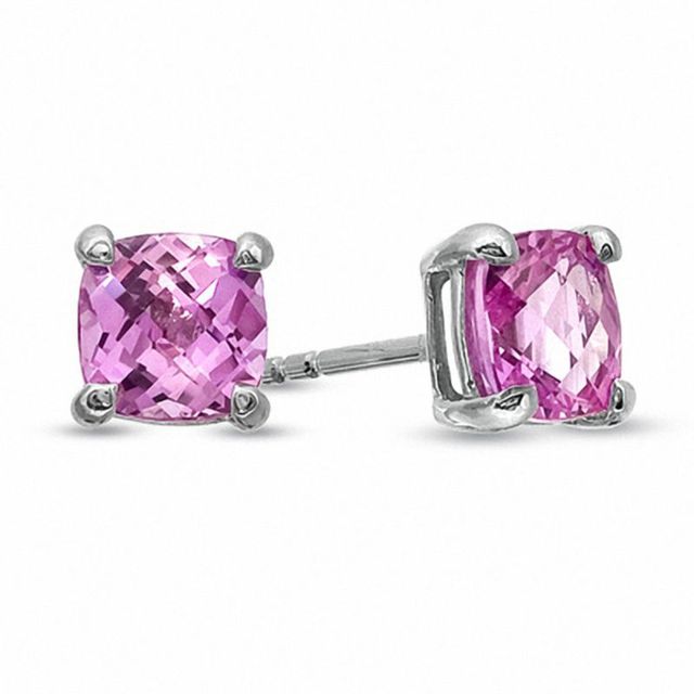 6.0mm Cushion-Cut Lab-Created Pink Sapphire Fashion Stud Earrings in 10K White Gold|Peoples Jewellers