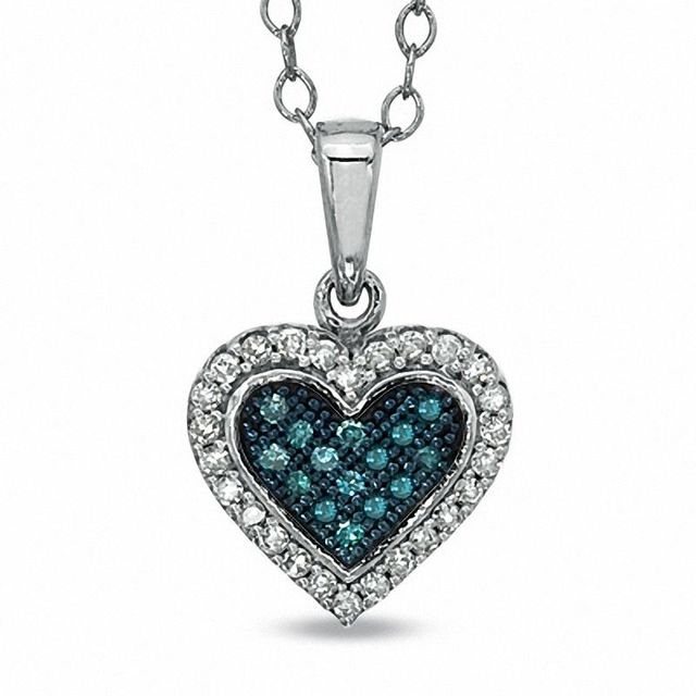 0.13 CT. T.W. Enhanced Blue and White Diamond Heart Frame Pendant in Sterling Silver