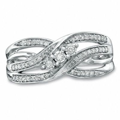 0.19 CT. T.W. Diamond Three Stone Bypass Open Shank Ring in Sterling Silver|Peoples Jewellers