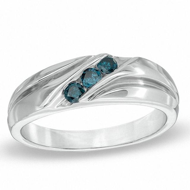 Men's 0.25 CT. T.W. Enhanced Blue Diamond Three Stone Slant Band in Sterling Silver|Peoples Jewellers