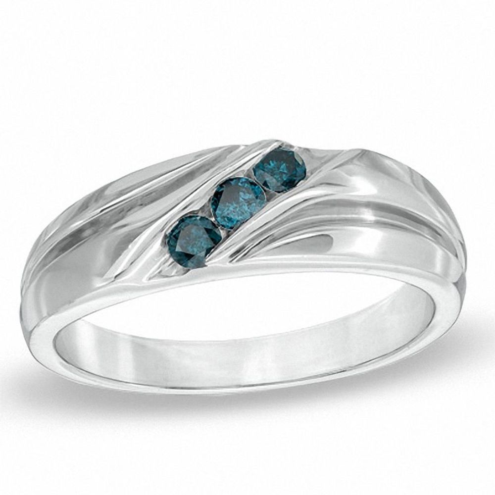 Men's 0.25 CT. T.W. Enhanced Blue Diamond Three Stone Slant Band in Sterling Silver|Peoples Jewellers