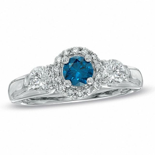 1.00 CT. T.W. Enhanced Blue and White Diamond Three Stone Ring in 14K White Gold|Peoples Jewellers