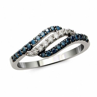 0.33 CT. T.W. Enhanced Blue and White Diamond Triple Wave Ring in 10K White Gold|Peoples Jewellers