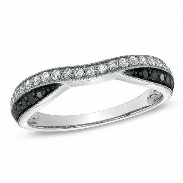 0.33 CT. T.W. Enhanced Black and White Diamond Contour Wedding Band in 14K White Gold