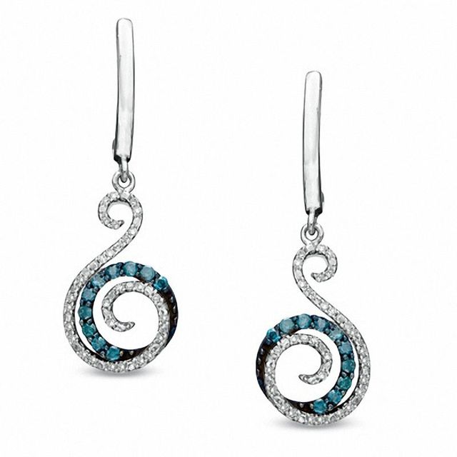 0.33 CT. T.W. Enhanced Blue and White Diamond Swirl Drop Earrings in Sterling Silver|Peoples Jewellers