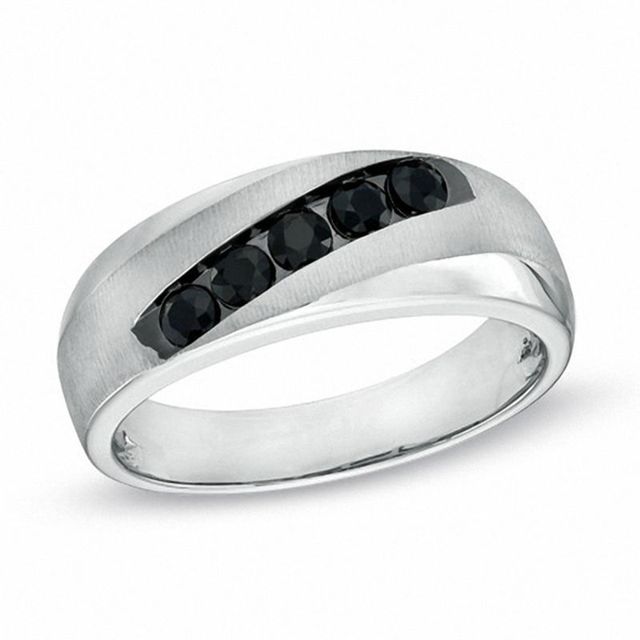 Men's Black Sapphire Five Stone Slant Band in 10K White Gold