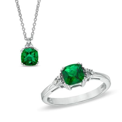 6.0mm Cushion-Cut Lab-Created Emerald and Diamond Accent Pendant and Ring Set in Sterling Silver - Size 7|Peoples Jewellers