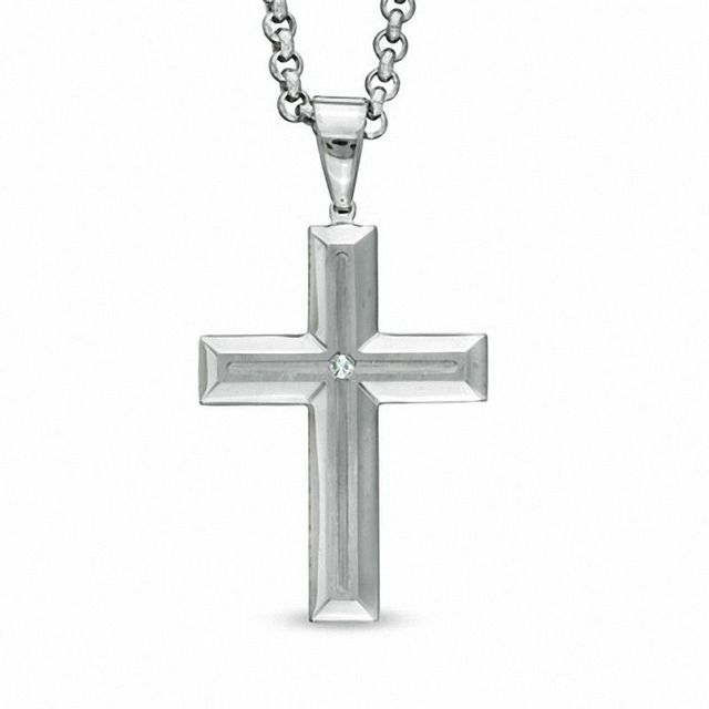 Men's Diamond Accent Cross Pendant in Stainless Steel - 24"