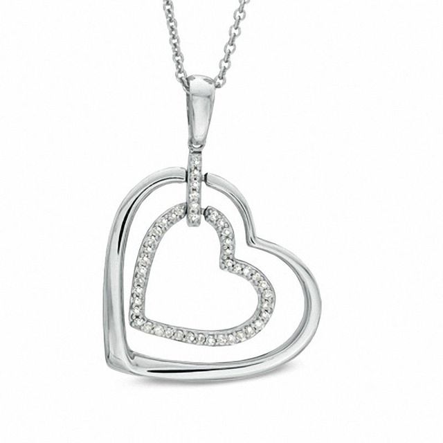 0.09 CT. T.W. Diamond Double Heart Outline Pendant in Sterling Silver|Peoples Jewellers