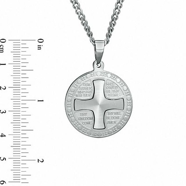 Men's Lord's Prayer Round Cross Pendant in Stainless Steel - 24"|Peoples Jewellers