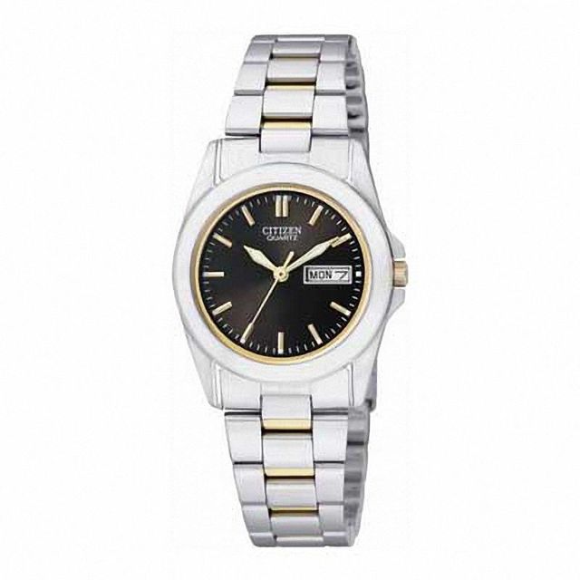 Ladies' Citizen Quartz SL Two-Tone Stainless Steel Watch with Black Dial (Model: EQ0564-59E)|Peoples Jewellers