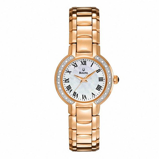 Ladies' Bulova Fairlawn Diamond Accent Rose-Tone Watch with Mother-of-Pearl Dial (Model: 98R156)|Peoples Jewellers