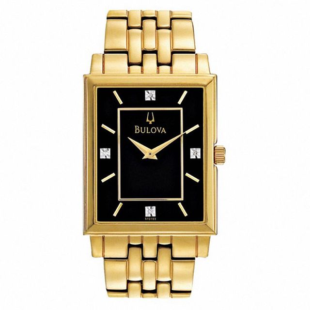 Men's Bulova Diamond Accent Gold-Tone Watch with Black Rectangular Dial (Model: 97D103)|Peoples Jewellers