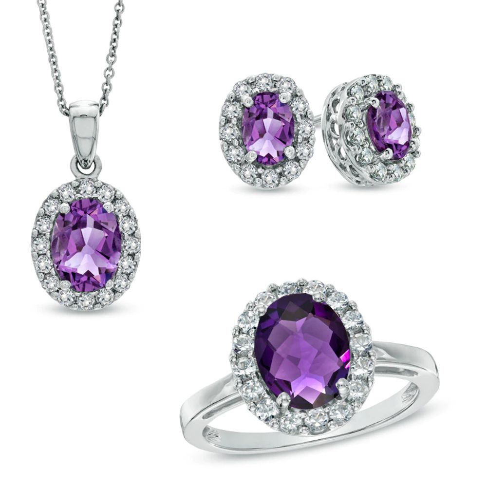 Oval Amethyst and Lab-Created White Sapphire Frame Pendant, Ring and Earrings Set in Sterling Silver - Size 7|Peoples Jewellers