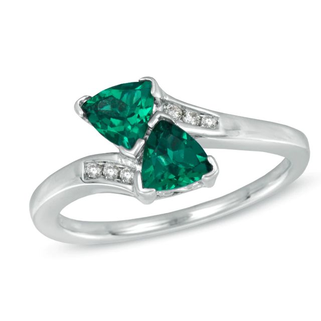 5.0mm Trillion-Cut Lab-Created Emerald and Diamond Accent Bypass Ring in Sterling Silver|Peoples Jewellers