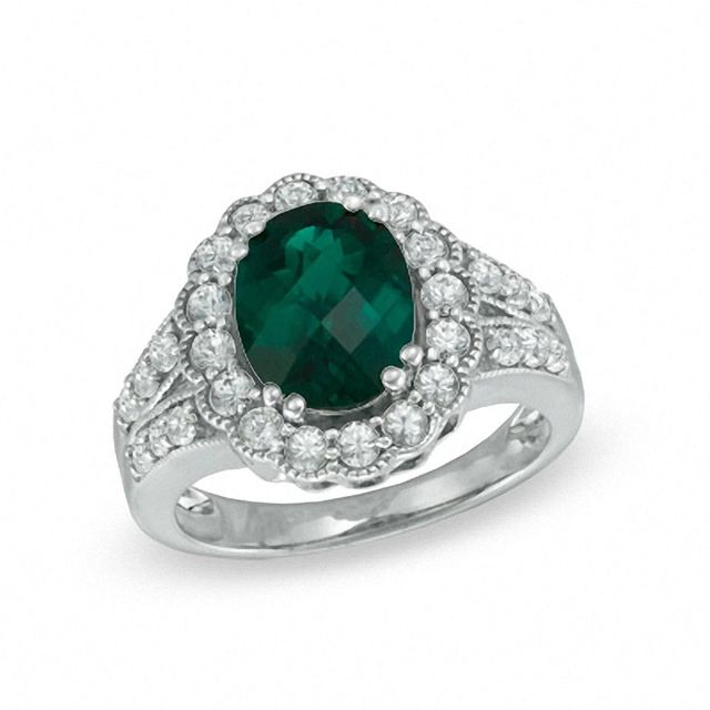 Oval Lab-Created Emerald and White Sapphire Ring in Sterling Silver