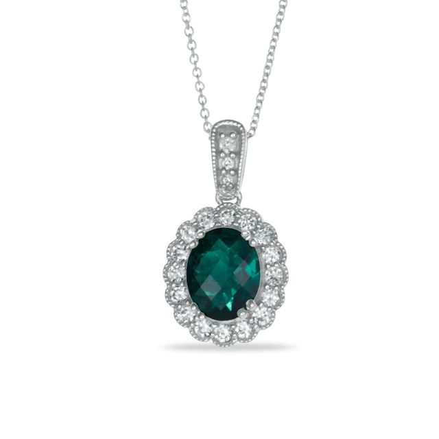 Oval Lab-Created Emerald and Lab-Created White Sapphire Pendant in Sterling Silver|Peoples Jewellers