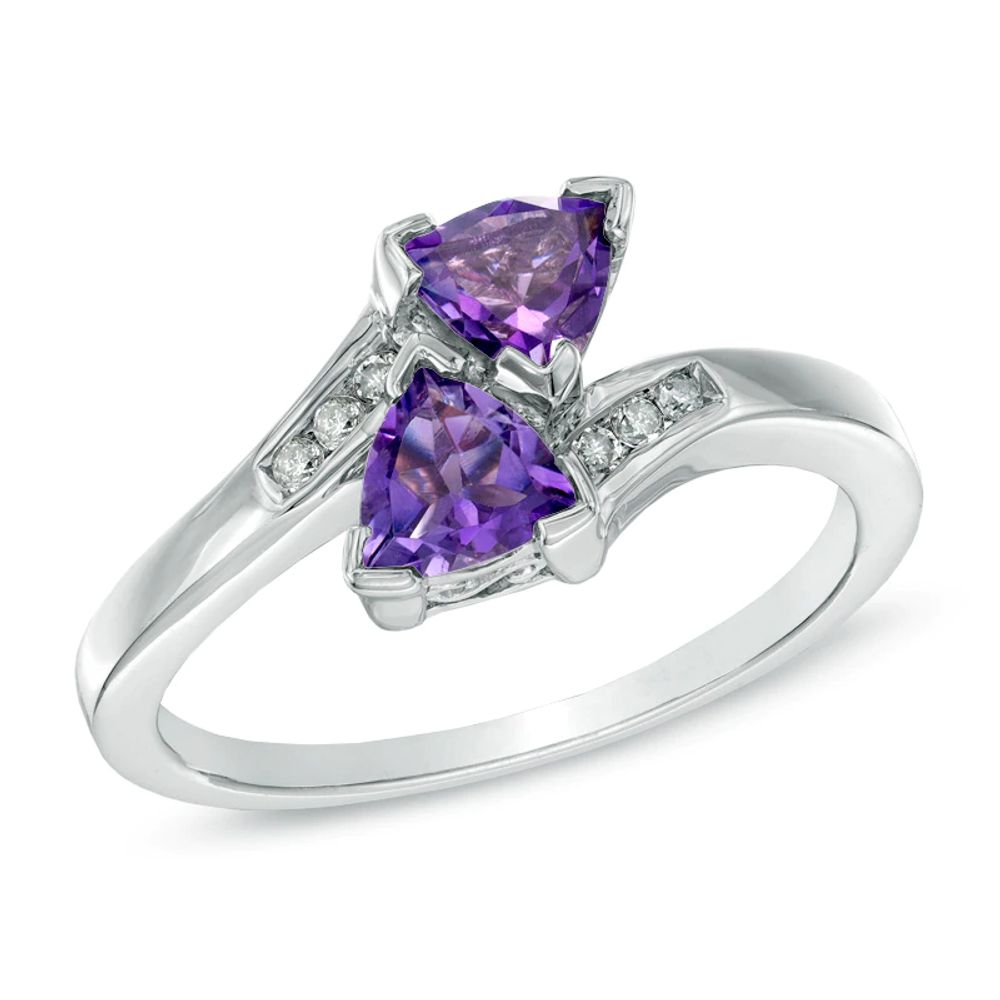 5.0mm Trillion-Cut Amethyst and Diamond Accent Bypass Ring in Sterling Silver|Peoples Jewellers