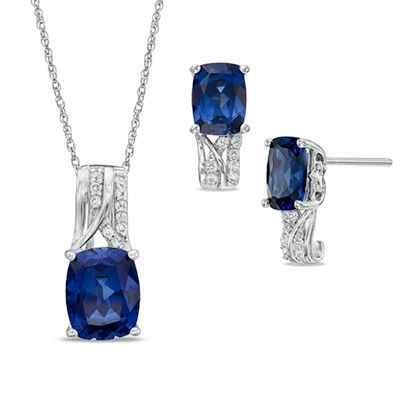 Cushion-Cut Lab-Created Ceylon and White Sapphire Pendant and Earrings Set in Sterling Silver|Peoples Jewellers
