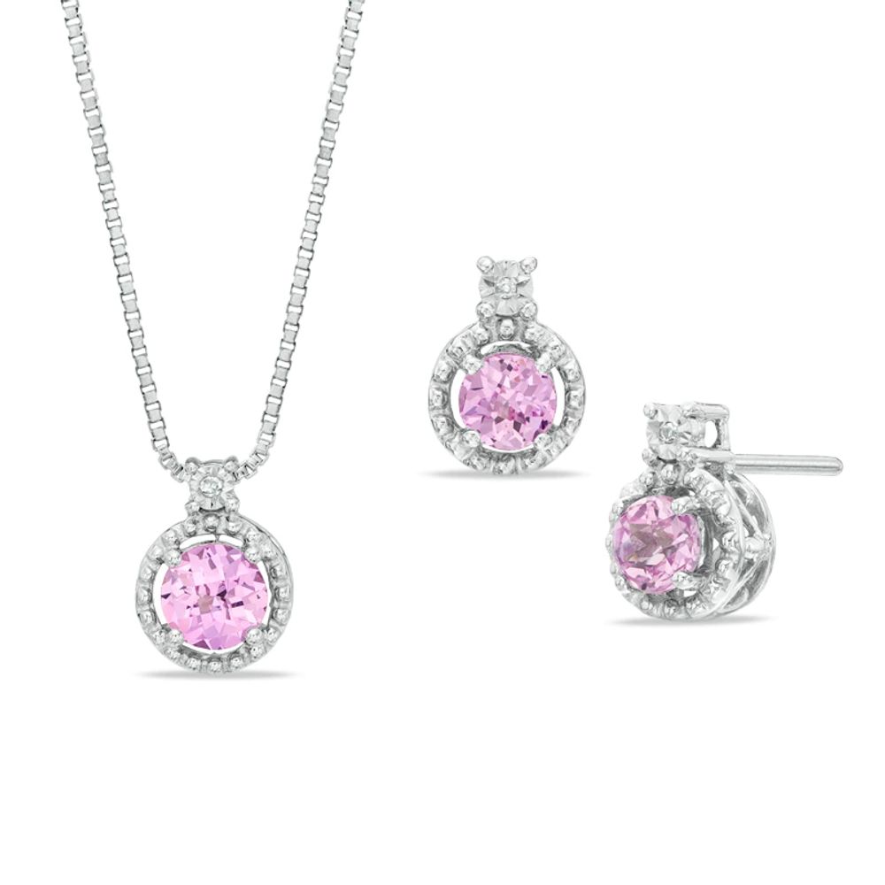 Lab-Created Pink Sapphire and Diamond Accent Pendant and Earrings Set in Sterling Silver|Peoples Jewellers