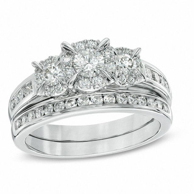1.00 CT. T.W. Diamond Three Stone Frame Bridal Set in 14K White Gold|Peoples Jewellers