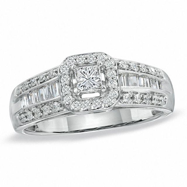 0.62 CT. T.W. Princess-Cut Diamond Cushion Frame Engagement Ring in 14K White Gold|Peoples Jewellers