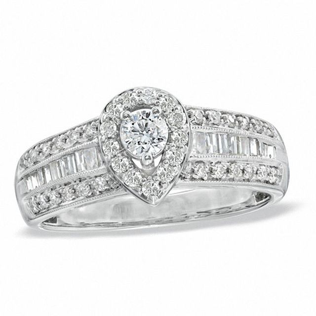 0.62 CT. T.W. Diamond Vintage-Style Pear Frame Engagement Ring in 14K White Gold|Peoples Jewellers