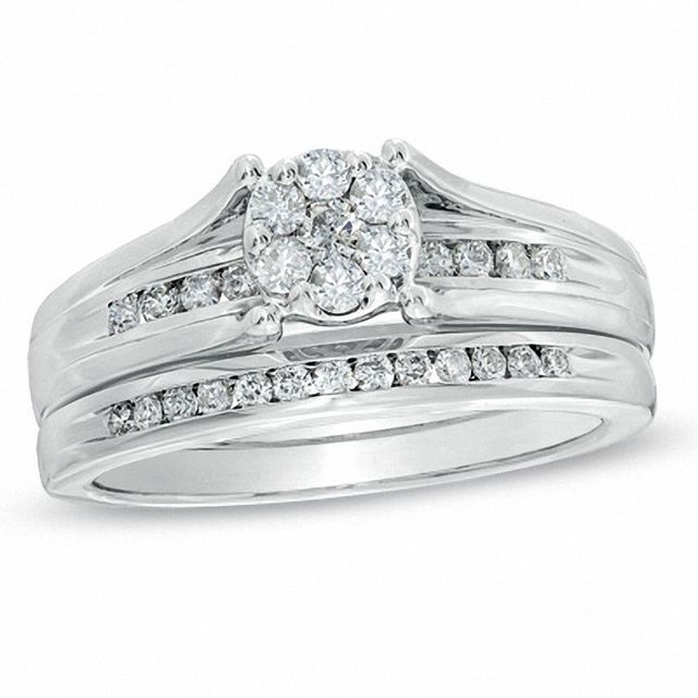 0.50 CT. T.W. Diamond Cluster Bridal Set in 14K White Gold