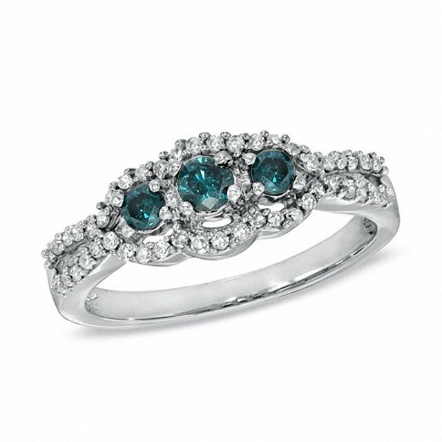 0.50 CT. T.W. Enhanced Blue and White Diamond Three Stone Frame Ring in 10K White Gold