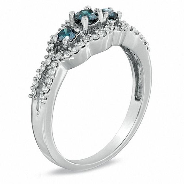 0.50 CT. T.W. Enhanced Blue and White Diamond Three Stone Frame Ring in 10K White Gold