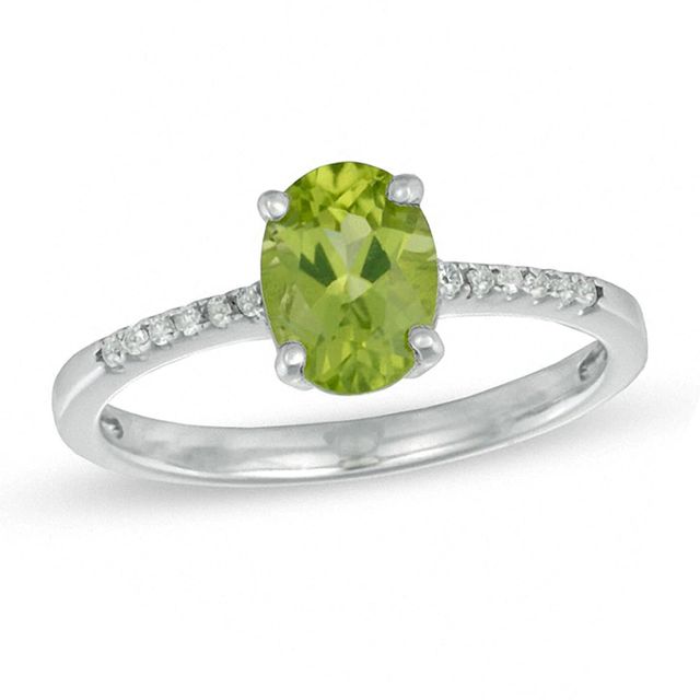 Oval Peridot and White Lab-Created Sapphire Ring in Sterling Silver