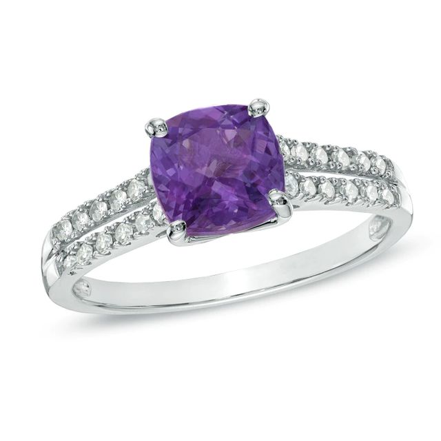 9.0mm Cushion-Cut Amethyst and Lab-Created White Sapphire Ring in Sterling Silver|Peoples Jewellers