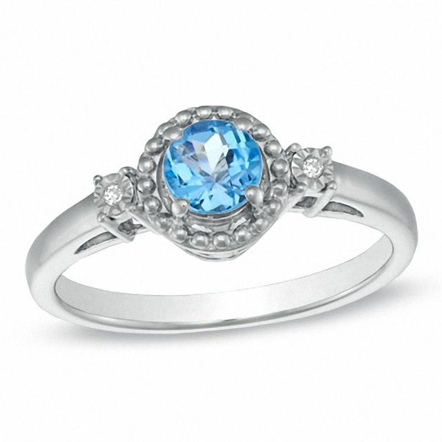 5.0mm Blue Topaz and Diamond Accent Ring in Sterling Silver|Peoples Jewellers