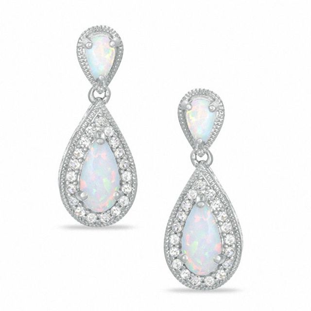 Pear-Shaped Lab-Created Opal and White Sapphire Drop Earrings in Sterling Silver|Peoples Jewellers
