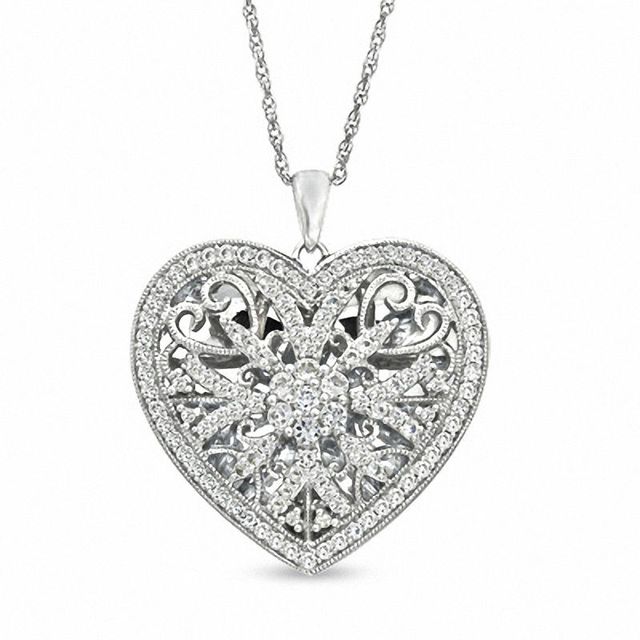 Lab-Created White Sapphire Heart Locket Pendant in Sterling Silver