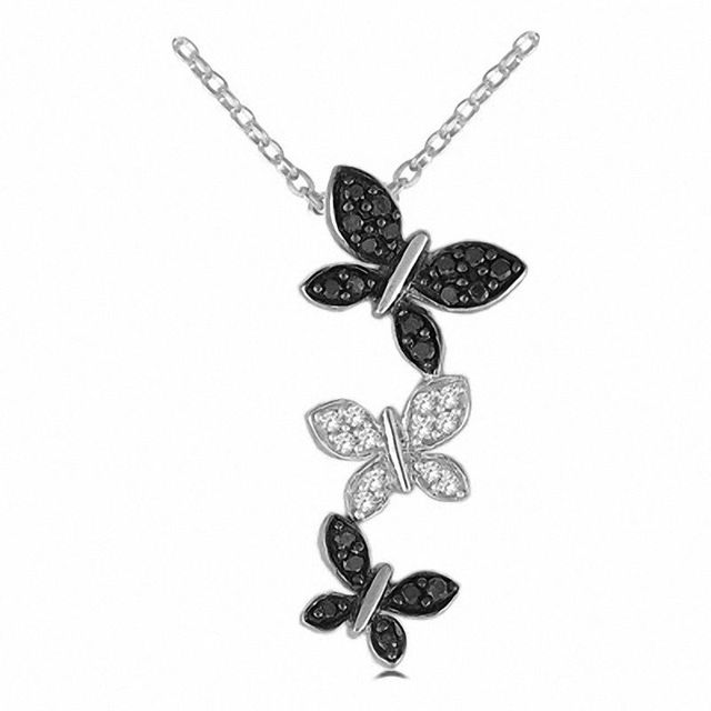 0.19 CT. T.W. Enhanced Black and White Diamond Triple Butterfly Pendant in Sterling Silver