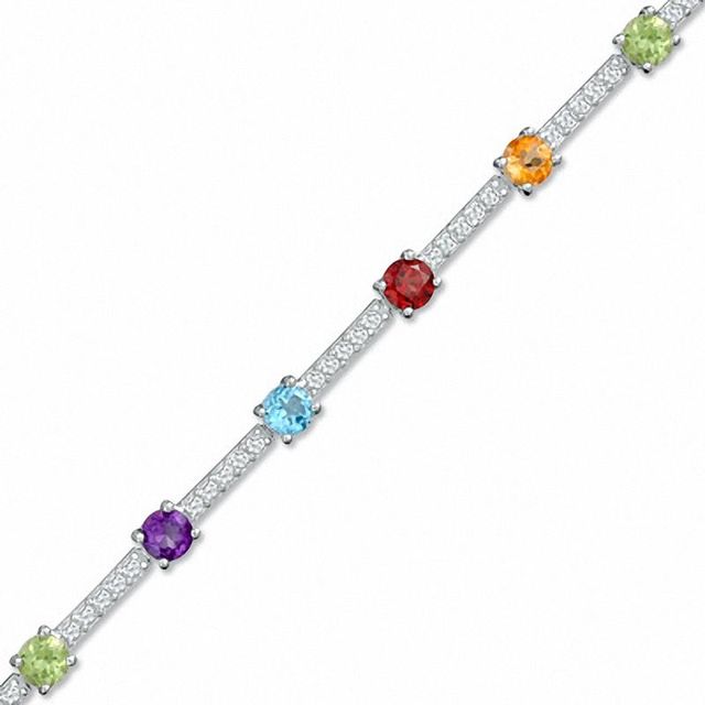 Multi Semi-Precious Gemstone and Lab-Created White Sapphire Bracelet in Sterling Silver - 7.25"