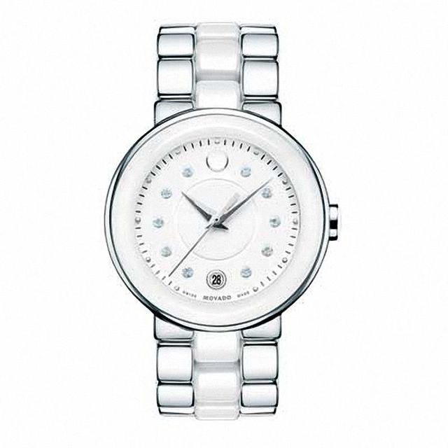 Ladies' Movado Cerena Diamond Accent Stainless Steel and Ceramic Watch with White Dial (Model: 0606540)|Peoples Jewellers