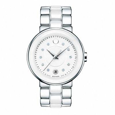 Ladies' Movado Cerena Diamond Accent Stainless Steel and Ceramic Watch with White Dial (Model: 0606540)|Peoples Jewellers